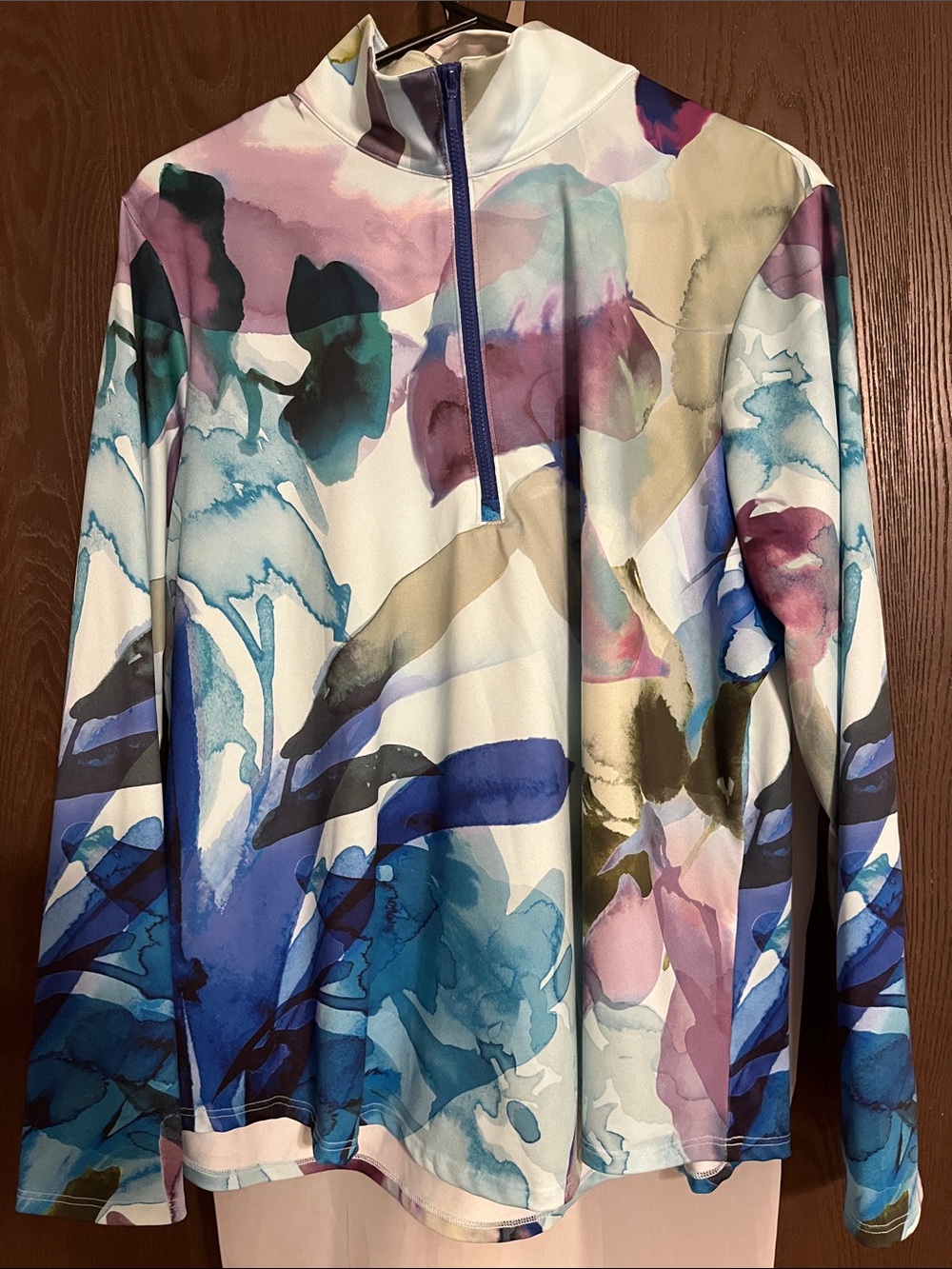 Chico's Watercolor Floral Quarter-Zip in Blue, Purple & Cream